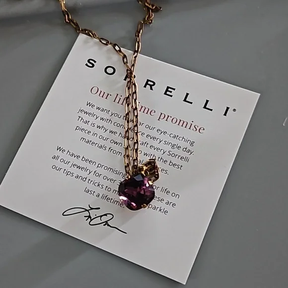 SORRELLI Siren Cushion Cut Pendant Necklace Amethyst with Antique Gold Chain - Picture 2 of 9